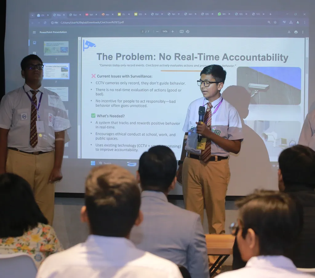 Student presenting startup pitch at NexGen Olympics